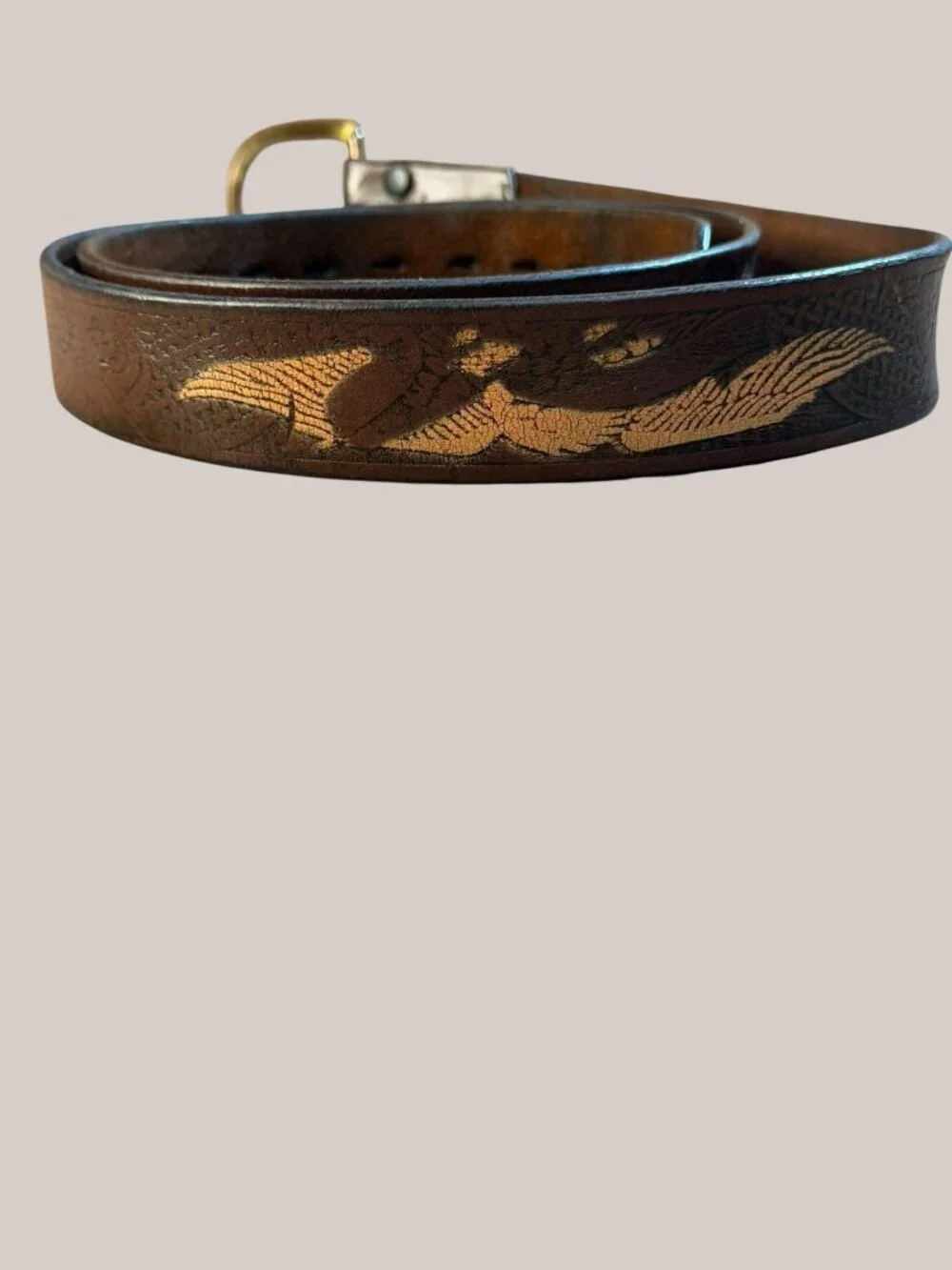 Vintage 70s/80s Brown Leather Eagle Belt Brass Buckle Biker Western Tooled 46”